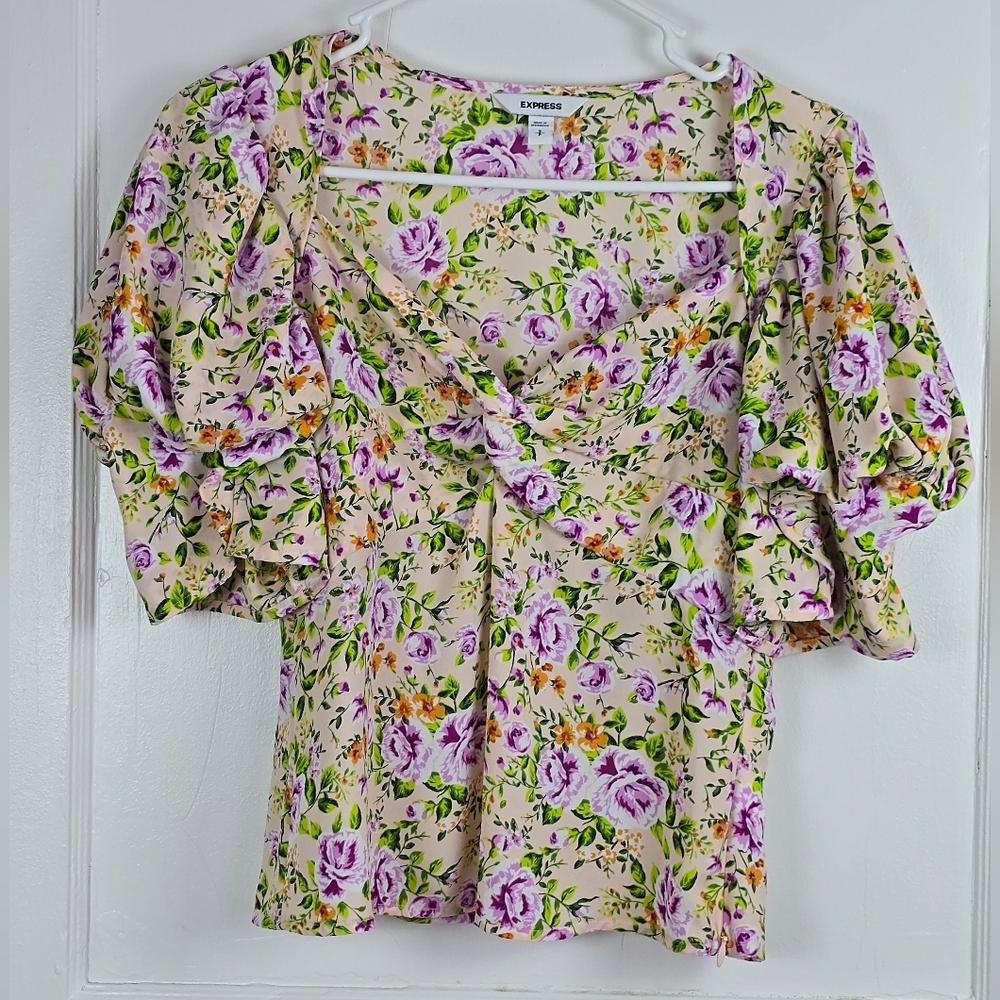 Express Cream Floral Blouse with Purple Roses